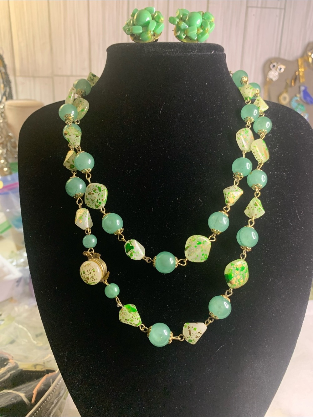 Vintage Acrylic Speckled Green Beaded Double Strand Necklace with Clip Earrings
